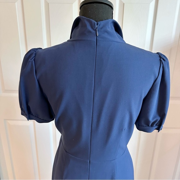 Peter Nygard Navy Blue Wrap Style Short Sleeve Dress with Scrolling Appliqué - Picture 7 of 10